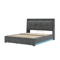 Double Ottoman Upholstered Bed Frame with Hydraulic Storage, 2 Drawers, Side Pockets, Headboard for Living Room, 203L x 138W x 111H cm, Grey(m-12)