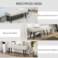 HOMCOM Taburete Pie de Cama Multifuncional con Pies de Acero y Asiento Acolchado para Entrada Pasillo 100x36x45 cm Blanco Crema(m-6)