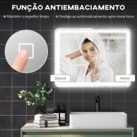 HOMCOM Espelho Casa de Banho com Luzes LED 70x90 cm Função Antiembaciamento 3 Temperaturas de Cor Ajustável e Função de Memória Prata(m-6)