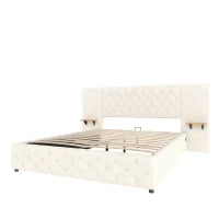 Modern Bed Frame with Wide Button-Tufted Headboard, Integrated LED Lighting, Bed Base with USB-C Ports, 209L x 221W x 103H cm, Beige(m-11)
