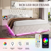 Modern Bed Frame with Wide Button-Tufted Headboard, Integrated LED Lighting, Bed Base with USB-C Ports, 209L x 221W x 103H cm, Beige(m-4)