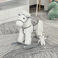 HOMCOM Cheval à bascule bébé de 18 à 36 mois en bois avec effet sonore ours en peluche gratuit 65 x 26 x 55 cm blanc(m-2)