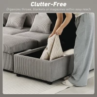 HOMCOM Canapea Extensibilă Modernă în Formă de U și Spații de Depozitare, Catifea Reiată, 282x140x86 cm, Gri(m-6)