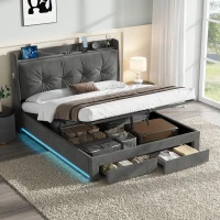 Double Ottoman Upholstered Bed Frame with Hydraulic Storage, 2 Drawers, Side Pockets, Headboard for Living Room, 203L x 138W x 111H cm, Grey(m-1)