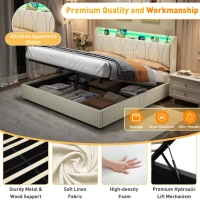 5ft King Upholstered Bed Frame with Hydraulic Storage and Charging Station, RGB LED Bed Base for Living Room, 220L x 155W x 105H cm, Beige(m-6)