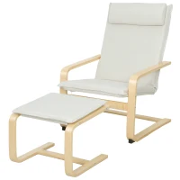 HOMCOM Poltrona con Poggiapiedi Poltrona da Lettura con Schienale Alto Poggiatesta Rimovibile Gambe in Legno e Rivestimento in Lino Crema(m-4)