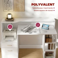 HOMCOM Bureau informatique, bureau avec rangement, 2 tiroirs, étagères ouvertes et tablette d'imprimante, 137x55x92cm, blanc(m-4)