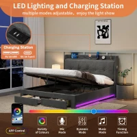 5ft King Ottoman Bed Frame with Two Drawers and Side Pockets, Velvet Upholstered Headboard for Living Room, 213L x 155W x 111H cm, Grey(m-5)