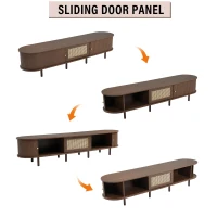 Oval TV Unit with Rattan Drawer and 2 Sliding Doors, Rounded Corner Sideboard,TV Stand Suitable for 70-inch TV, 180L x 40W x 40H cm, Oak(m-8)