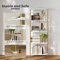 HOMCOM 5-Tier Bookshelf, Modern Bookcase with Metal Frame - White and Gold Tone(m-5)