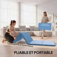 HOMCOM Tapis de gymnastique yoga pilates fitness pliable en 4 avec poignées revêtement synthétique 240 x 120 x 5 cm bleu clair(m-4)