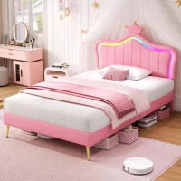 3ft Single Upholstered Bed with Adjustable Crown Headboard, PU Leather Platform, Bed Base for Living Room, 194L x 103W x 125H cm, Pink(m-1)