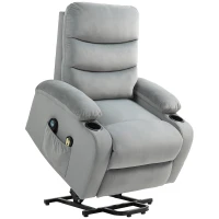 HOMCOM Fauteuil releveur inclinable massant et chauffant, tissu aspect velours avec porte-gobelets, pochette latérale, gris(m-11)