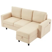 3-seater L-Shaped Sofa Bed with Reversible Chaise, USB and Type-C Charging, Convertible Sleeper for Living Room, 180L x 120W x 72H cm, Beige(m-15)