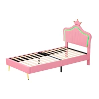 3ft Single Upholstered Bed with Adjustable Crown Headboard, PU Leather Platform, Bed Base for Living Room, 194L x 103W x 125H cm, Pink(m-10)