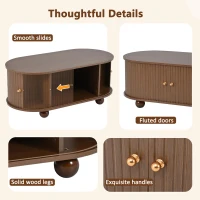 Oval Coffee Table with 2 Sliding Doors, Hidden Centre Compartment, Rounded Corners, Desk with Fingerprint‑resistant MDF, 100L x 50W x 40H cm, Oak(m-5)