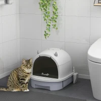 PawHut Maison de toilette pour chat bac à litière fermé chat poignée de transport porte translucide 40,5 x 52 x 39 cm gris(m-10)
