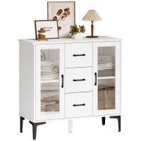 HOMCOM Credenza moderna, con 3 cassetti, 2 ante in vetro, ripiani regolabili, in MDF, Bianco(m-6)