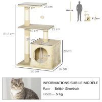 PawHut Arbre à chat tour de jeux pour chats poteaux en sisal, 2 plate-forme, niche, balle, tissu peluche, 50x30x81,5cm, beige(m-3)
