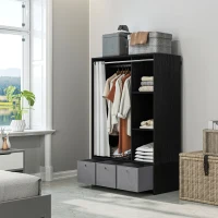 HOMCOM Armoire penderie armoire de rangement avec tringle rideaux 3 niches et 3 tiroirs en tissu amovibles 105 x 48 x 160 cm(m-10)