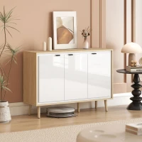 HOMCOM Buffet à haute brillance, meuble de rangement avec 3 portes, étagères réglables, 107 x 35 x 77 cm, blanc et chêne(m-10)