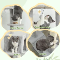 PawHut Arbre à chat du sol au plafond griffoir pour chat hauteur réglable 225-255 cm 6 niveaux avec niche hamac gris clair(m-6)