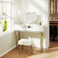 HOMCOM Coiffeuse avec miroir et tabouret avec 3 tiroirs et pieds en métal, plateau en verre trempé, blanc(m-10)