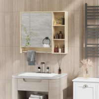 kleankin Meuble salle de bain avec miroir, armoire murale avec porte-serviettes, 3 niches, placard et étagère réglable, naturel(m-10)