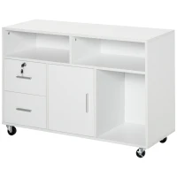 HOMCOM Support d'imprimante à 2 tiroirs meuble de rangement sur roulettes étagères ouvertes et placard, 100 x 35 x 65 cm, blanc(m-1)