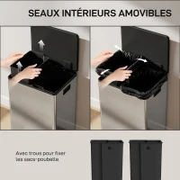 HOMCOM Poubelle à double compartiment 2 x 30L, poubelle cuisine à pédale, couvercle à fermeture douce, 47,5x37,5x67cm, argent(m-7)