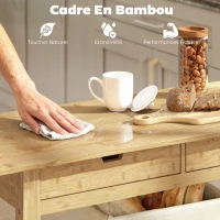 HOMCOM Desserte de cuisine à roulettes en bambou, chariot de cuisine avec 2 tiroirs, 2 étagères, 100 x 43 x 75 cm, bois naturel(m-5)