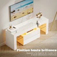 HOMCOM Meuble TV, meuble télé avec éclairage LED RGB, haute brillance, étagères en verre trempé, 120x34x45cm, blanc(m-5)