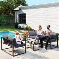 Outsunny Salon de jardin extérieur d'angle 4 pièces avec 2 canapés et 2 tables basses gigognes en verre trempé, gris(m-10)