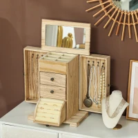 HOMCOM Boîte à bijoux femme à 4 niveaux, coffre à bijoux avec ailes, miroir et 2 tiroirs, 26,5 x 16 x 33,5 cm, marron(m-10)