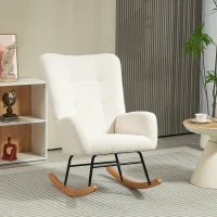 HOMCOM Fauteuil à bascule en tissu effet laine bouclée avec pieds en bois massif d'hévéa pour chambre, salon, crème(m-10)