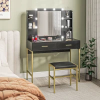 HOMCOM Coiffeuse avec miroir et éclairage intégré, tabouret rembourré, 2 tiroirs, étagères, coiffeuse moderne, noir(m-10)