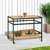 Outsunny Desserte de jardin chariot pour plancha en bois et métal 2 étagères 3 crochets 107 x 65 x 80 cm noir naturel(m-10)