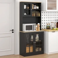 HOMCOM Buffet cuisine, meuble cuisine rangement haut, meuble de rangement avec plan de travail, 3 portes vitrées, 2 niches et étagères réglables, 80 x 37 x 183 cm, noir chêne(m-10)