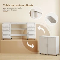 HOMCOM Table de couture pliante, meuble couture à roulettes, 2 portes magnétiques, 4 bacs, 20 crochets, 160x40x81,5cm, blanc(m-5)