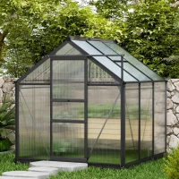Outsunny Serre de jardin polycarbonate 3,65m² 190 x 192 x 201 cm résistant aux UV fondation renforcé gouttière Gris(m-10)
