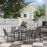 Outsunny Salon de jardin 7 pièces avec 1 table à manger et 6 chaises - plateau en verre trempé effet grain de bois, gris(m-10)