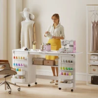 HOMCOM Table de couture pliante, meuble couture à roulettes, 2 portes magnétiques, 4 bacs, 20 crochets, 160x40x81,5cm, blanc(m-10)