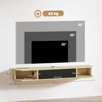 HOMCOM Meuble TV suspendu 120 cm, meuble télé pour téléviseur jusqu'à 50 pouces, tiroir rabattable 2 étagères 120x24x16cm noir(m-3)