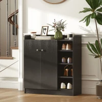 HOMCOM Meuble de rangement à chaussures pour entrée 12 paires - armoire à chaussures avec 4 compartiments ouverts et placard double porte - étagère réglable - 83L x 30l x 90H cm - noir(m-10)