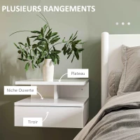 HOMCOM Lot de 2 tables de chevet murales tables de nuit tiroir coulissant, niche, plateau, 35 x 32 x 22,5 cm blanc(m-5)