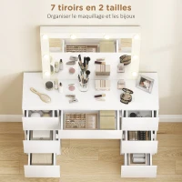 HOMCOM Coiffeuse avec miroir et tabouret table de maquillage avec miroir LED tabouret rembourré 7 tiroirs 110x39,5x140cm blanc(m-5)