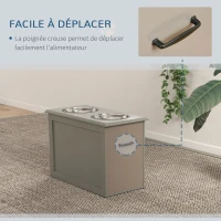 PawHut Gamelles chiens surélevées gamelle double chien chat Porte-gamelles surélevé dim. 60L x 30l x 41H cm 2 gamelles 2L poignées coffre bois gris(m-7)
