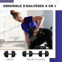 SPORTNOW Haltères 2 en 1 réglables, haltères libres avec poignées antidérapantes, 25 KG - Barres incluses(m-4)