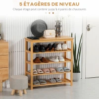 HOMCOM Étagère à chaussures à 5 niveaux, porte-chaussures en bambou avec 4 étagères à lattes, 80x29x82cm, effet bois naturel(m-4)