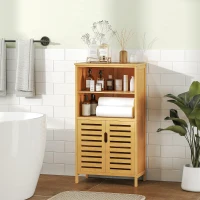 kleankin Meuble de rangement salle de bain en bambou avec 2 portes ajourées et 2 compartiments 50 x 29 x 92 cm naturel(m-10)